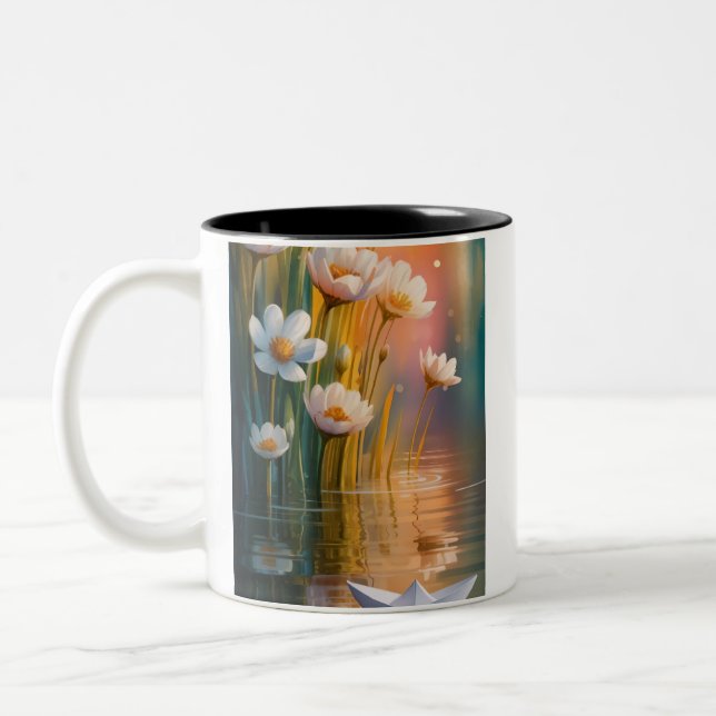 Mug Drömmig Pappersbåt & Vita Blommor vid Solnedgå Två-Tonad Mugg (Vänster)
