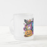 Mug Frostad Glasmugg<br><div class="desc">Enjoy your coffee with a spooky twist! This vibrant Halloween mug features a bold pop art illustration of a blue-skinned witch with a pumpkin and bat in comic book style. Bright purple, orange, and turquoise colors create a playful retro look. Perfect for Halloween lovers, witchy vibes, and comic art fans....</div>