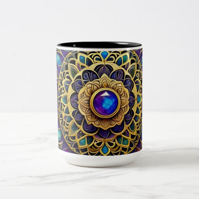 Mug Juvelbesatta Mandalas, Lila Guld Blå  Två-Tonad Mugg (Center)