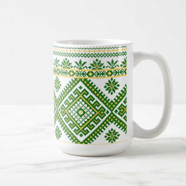 Mug Klassisk Grön Ukrainsk Korsstygningsdesign Kaffemugg (Höger)
