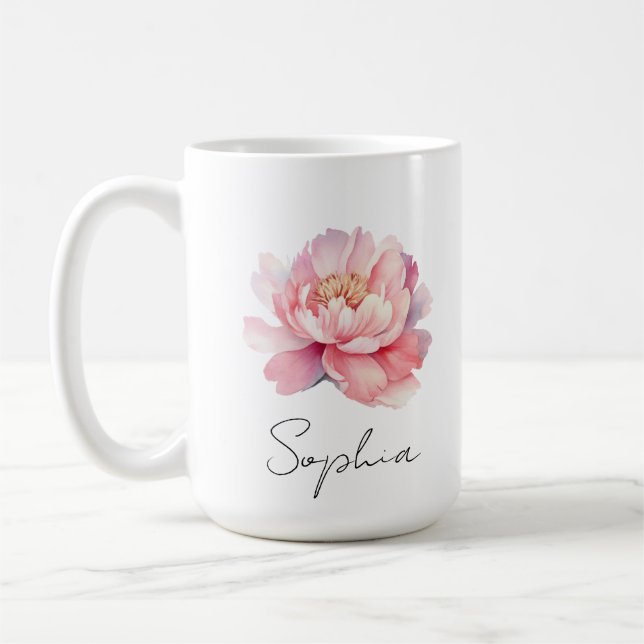 Mug personnalisé Pivoine Aquarelle Rose  Kaffemugg (Vänster)
