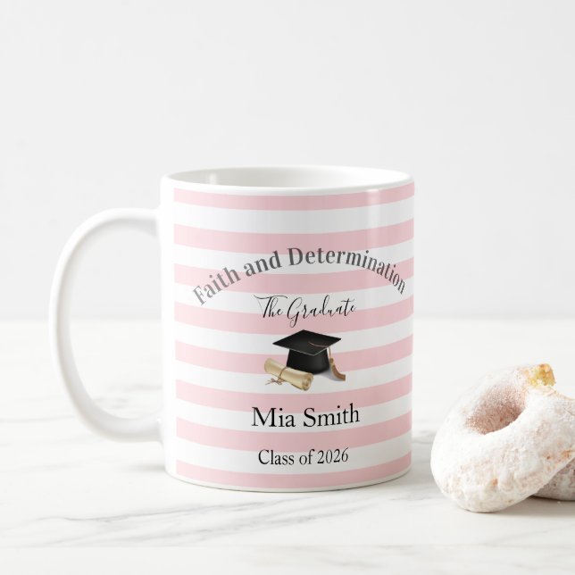 Mug Pink & White Stripe Graduate 2026  Kaffemugg (Med munk)