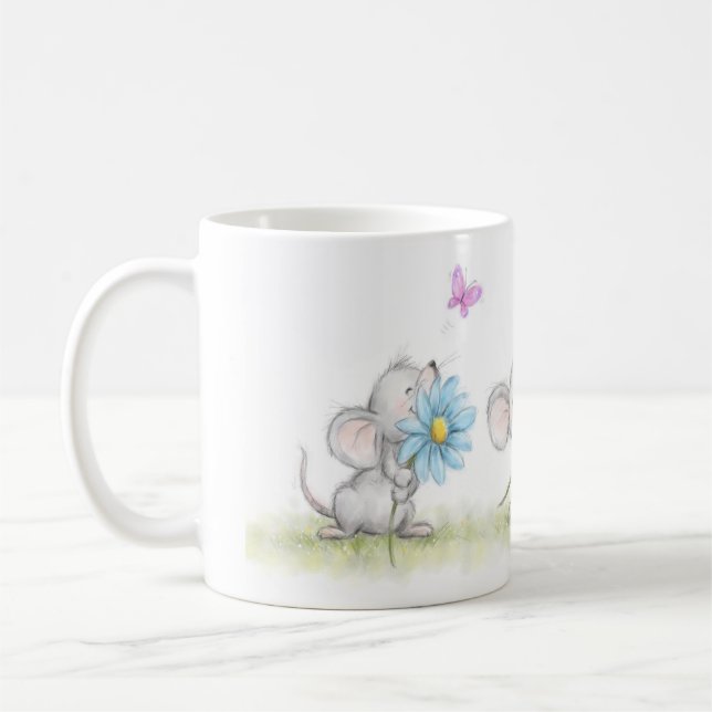mug with three cute mice holding pretty flowers kaffemugg (Vänster)