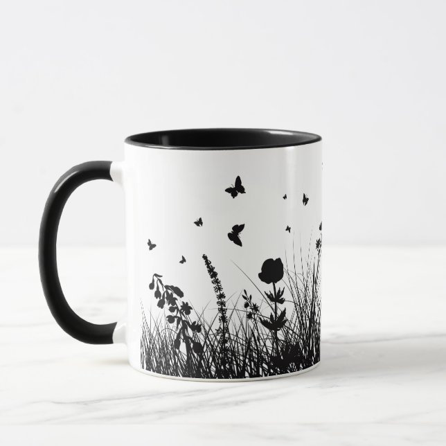 mugg dekorerad med fjärilar och blommor,  (Vänster)