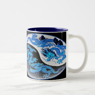 Mugg för kaffe för blått- & orangeYin-Yang drak