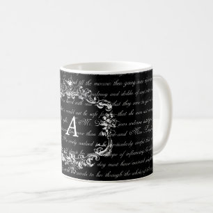 Mugg för Monogram för Jane Austen text svartvit