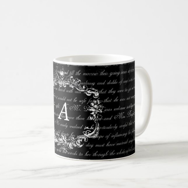 Mugg för Monogram för Jane Austen text svartvit (Framsida höger)