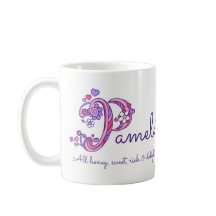 Mugg för monogram för Pamela känd menande
