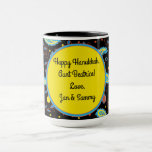 Mugg ’Hanukkah Paisley Dreidels and Stars’<br><div class="desc">Mugg "Hanukkah Paisley Dreidels and Stars". Anpassa genom att skriva in ditt eget ord med ditt favoritteckensnitt storlekt, stil och färg. Bubblan (Gult ord kan flyttat eller tas bort om du hellre vill ha utformningen utan ordalydelse.) Njut av Hanukkah mugg för dig själv eller för någon på din ge lista....</div>