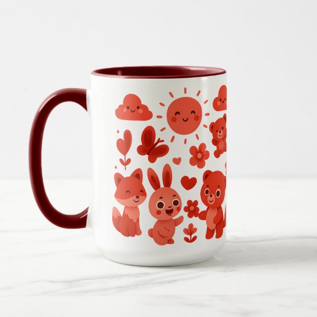 Mugg i keramik med fantasifulla skogsdjur och sol (Vänster)
