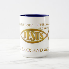 MUGG JESUS FISH BLAC INSIDA GULD EMBLEM OM WHI