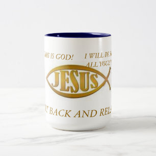 MUGG JESUS FISH BLAC INSIDA GULD EMBLEM OM WHI