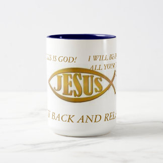 MUGG JESUS FISH BLAC INSIDA GULD EMBLEM OM WHI