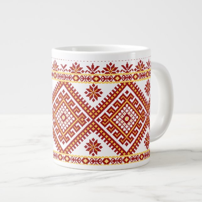 Mugg Jumbo Red Ukrainska Kor Stitch Embroidery (Framsida höger)