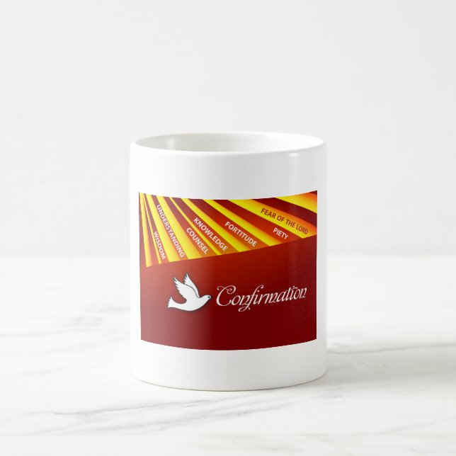 Mugg, konfirmation, duva på rött, strålar kaffemugg (Center)