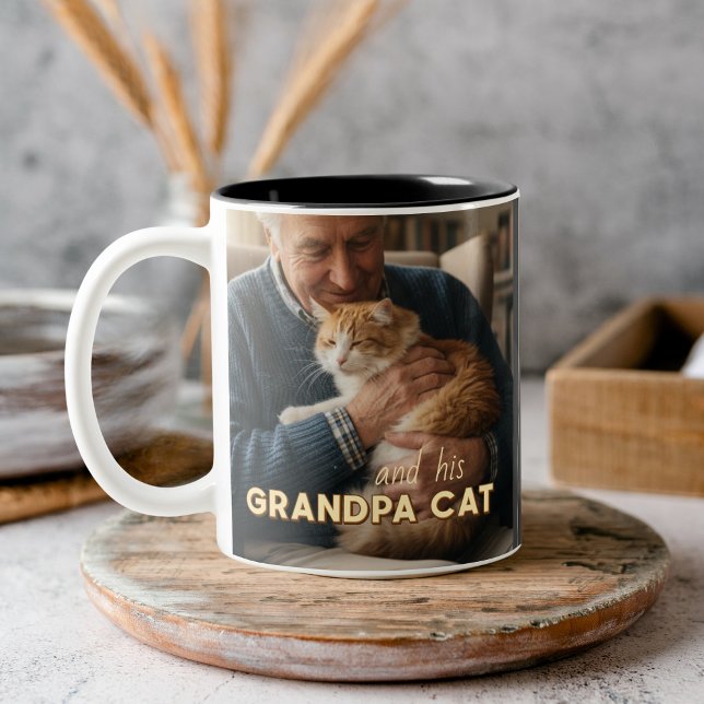 Mugg med anpassad bild av farfar och katt med katt (Grandpa Cat Custom Photo Mug with Cat Name & Est.)