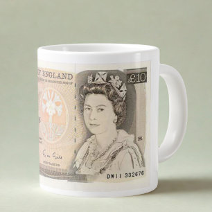 Mugg med bilden av 1975 £10 sedel Drottning Eliz Jumbo Mugg