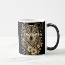 Mugg med en majestätisk varg och blomsterrik natur