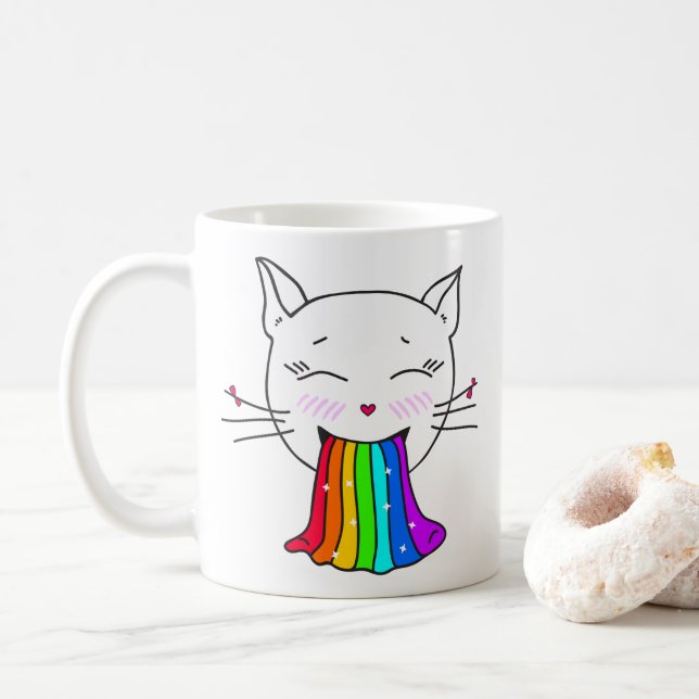 Mugg med kawaiisöt katt med regnbåge. (Med munk)