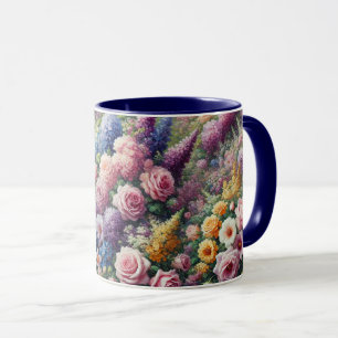 Mugg med mjuk lila, rosa och gula blommor