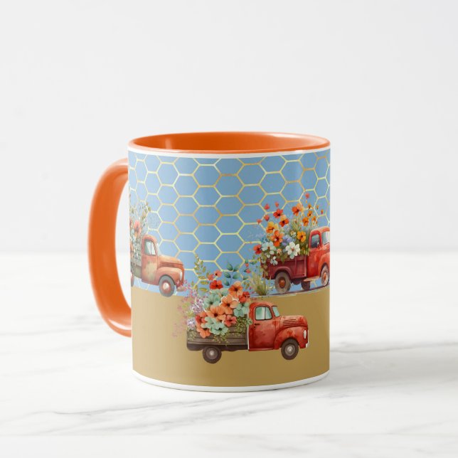 Mugg med Red Lastbilar & Flowers (Framsida vänster)
