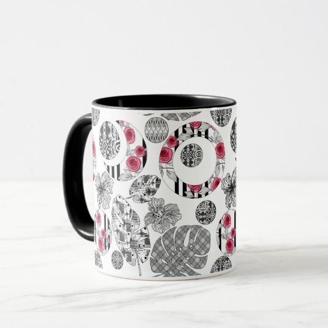 Mugg,Röd och svart, Quilting,Patchwork, Rustic Mugg (Framsida vänster)