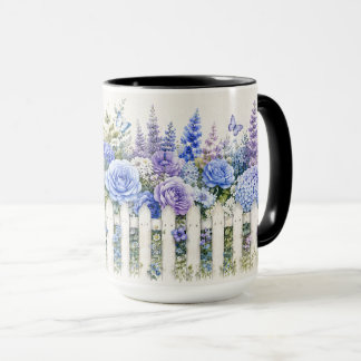 Mugga blomster fjäril blå lavendel trädgårdsstaket mugg