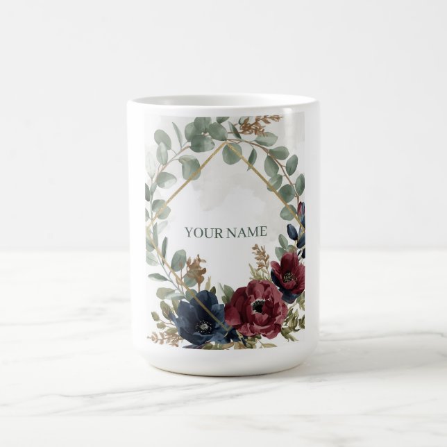 Mugga burgundiskblå navykollek floral bröllopsfavo kaffemugg (Center)