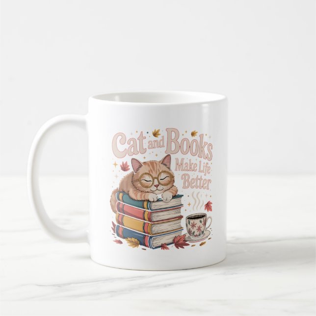 Muggsmyge Katt som läser böcker Höstdesign Kaffemugg (Vänster)