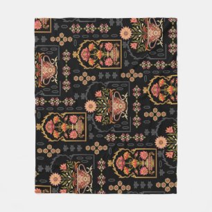 Mughal Blommigt Motif: Black Seamless. Fleecefilt