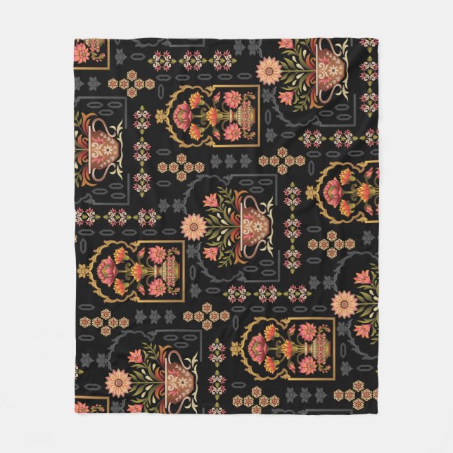 Mughal Blommigt Motif: Black Seamless. Fleecefilt (Framsidan)