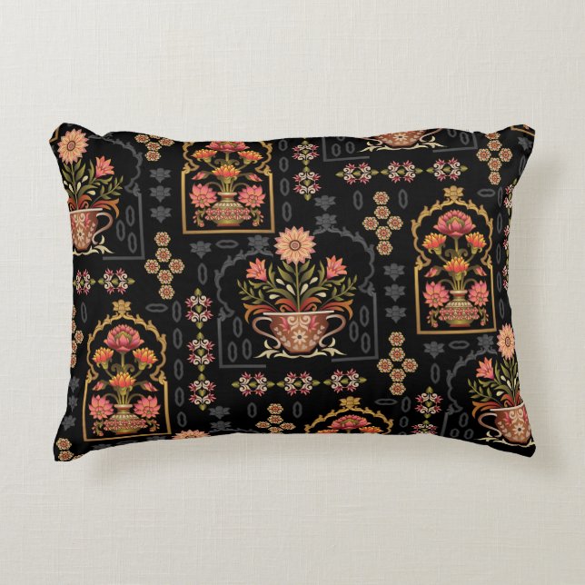 Mughal Blommigt Motif: Black Seamless. Prydnadskudde (Framsidan)