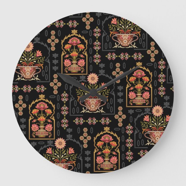 Mughal Blommigt Motif: Black Seamless. Stor Klocka (Framsida)