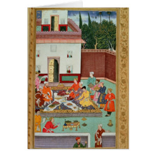 Mughal kejsare som festar i en borggård hälsningskort