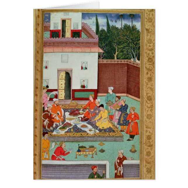 Mughal kejsare som festar i en borggård hälsningskort (Framsidan)