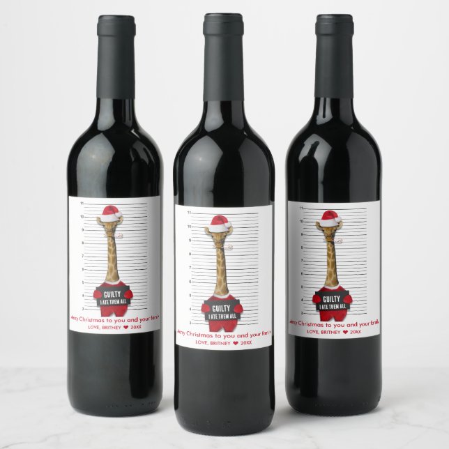 Mugshot Guilty Funny Giraffe jul Vinflaska Etikett (Flaskor)