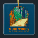 Muir Skogen National Monument California Emblem Julgransprydnad Keramik<br><div class="desc">Muir Skogen vektorteckningsdesign. Det är en gammalmodig skog i kustområden. På grund av sin närhet till Stilla havet korkas skogen regelbundet i en havsdimma vid kusten lagrar,  vilket bidrar till en blöt som främjar en kraftig växttillväxt.</div>