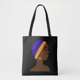 Mujer africana de perfil con gorro azul y amarillo tygkasse
