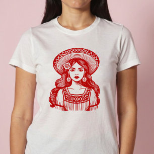 Mujer Mexiicana Minimal Red Line Art T Shirt