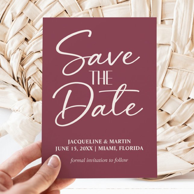 Mulberry Burgundy Bröllop Cream Handlettered Spara Datumet (Burgundy wedding Save the Date card)