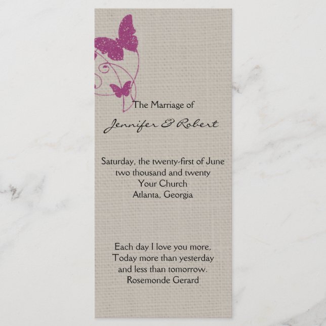 Mulberry Glitter Butterfly Linen Bröllopsprogram Program (Framsida)