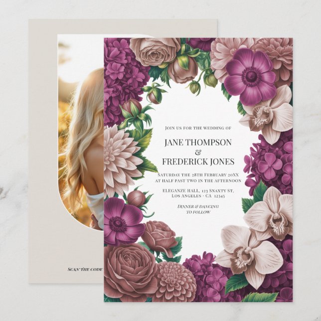 Mulberry, Mauve Clay & Soft Fig Wedding Invitation Inbjudningar (Fram/baksida)