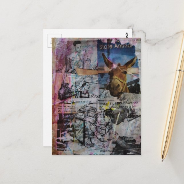 Mule and Men a unique Mixed Media Collage Vykort (Fram/Back In Situ)