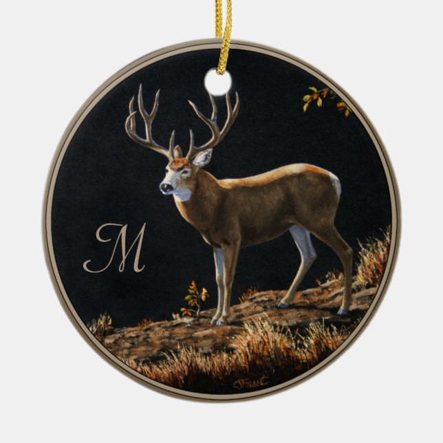 Mule Hjort Buck Autumn Trophy Antlers Monogram Julgransprydnad Keramik (Framsidan)