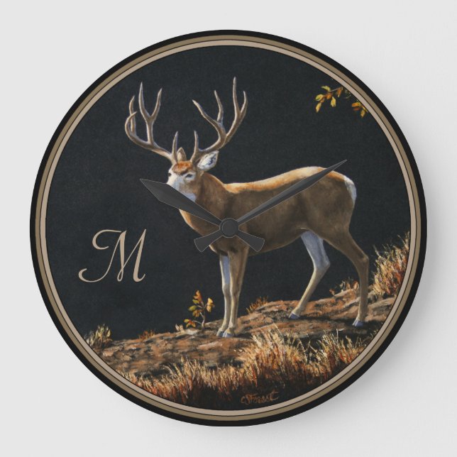 Mule Hjort Buck Trophy Antlers Monogram Stor Klocka (Framsida)