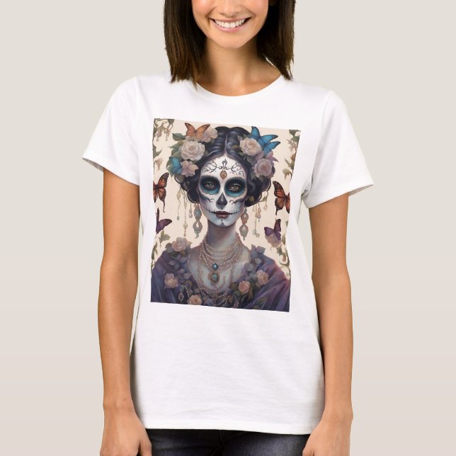 Mulher com maquiagem estilo Catrina T Shirt (Framsida)