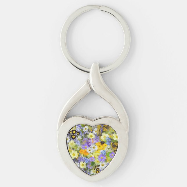 MULITFÄRGAD BLOMMIGT BAKGRUND MÖNSTER TWISTED HEART SILVERFÄRGAD NYCKELRING (Framsidan)