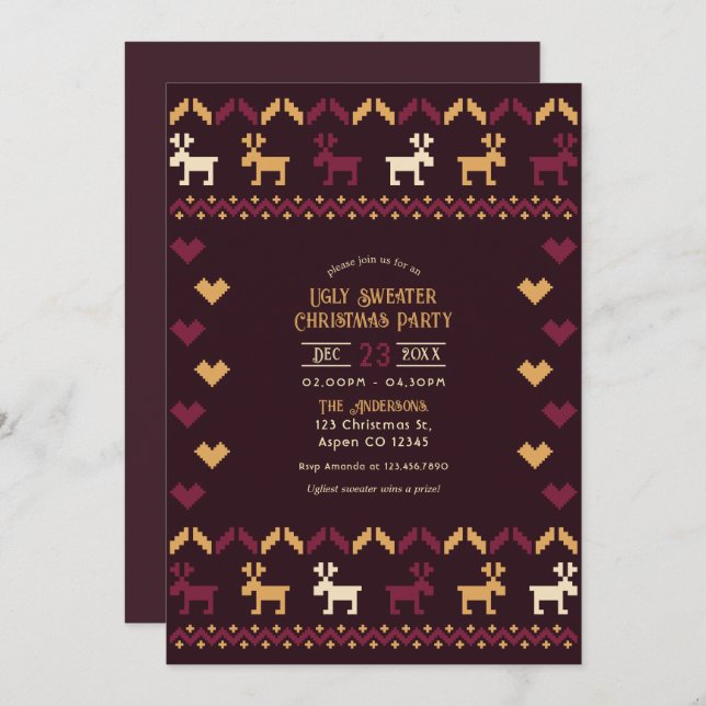 Mullat Vin & Guld Ugly Sweater jul Party Inbjudningar (Fram/baksida)