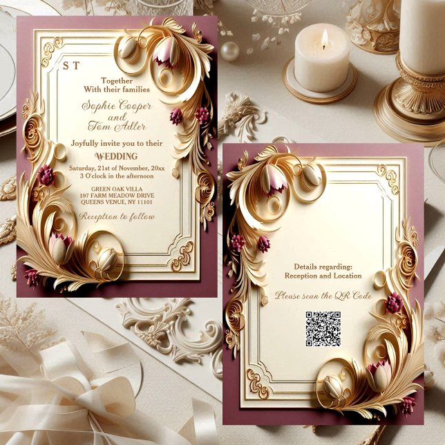 Mullbär Barock Yppighet Elfenbensvitt Guld Tulpan  Inbjudningar (Soft Mulberry Baroque Opulence Ivory Gold Tulip Wedding Invitation)