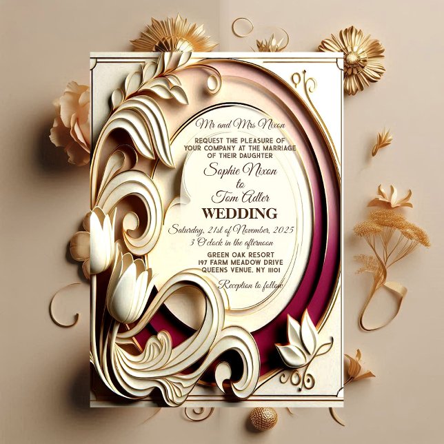 Mullbär Tulpan Barock Storhet Guld Falskt Bröllop Inbjudningar (Mulberry Tulip Baroque Grandeur Gold Faux Wedding Invitation)